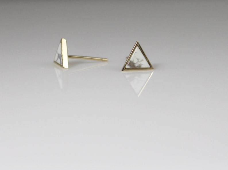 14K solid gold howlite earrings,14K howlite Stud earring,14K dainty Earrings, 14k minimalist stud, triangle stud, white stud, 14k geometric image 1