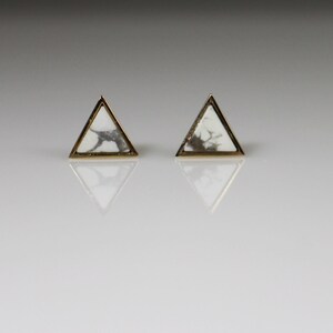 14K solid gold howlite earrings,14K howlite Stud earring,14K dainty Earrings, 14k minimalist stud, triangle stud, white stud, 14k geometric image 2