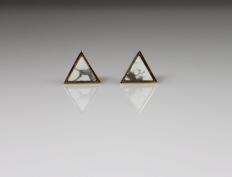 14K solid gold howlite earrings,14K howlite Stud earring,14K dainty Earrings, 14k minimalist stud, triangle stud, white stud, 14k geometric image 2