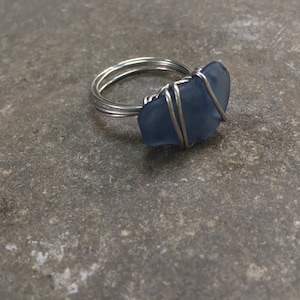 Blue beach glass ring, wire wrapped statement rings,