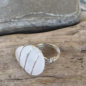 White Sea glass statement ring, wirewrapped sea glass ring.
