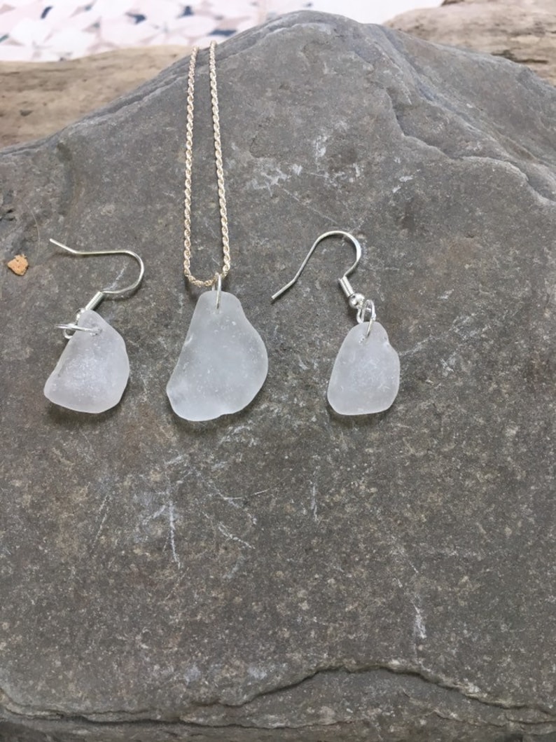 Beach glass jewelry set white beach glass necklace beach glass earrings