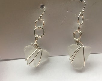 Beach glass earrings, sterling silver hearts, dangly beach glass earrings