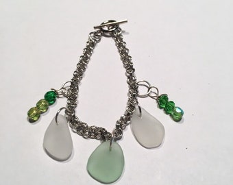 Sea glass bracelet with beaded bangles on a toggle clasp