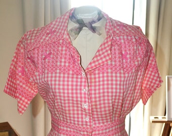 Lovely Pink 1930's 40's Handmade Depression Era Gingham Dress - Beautiful Stitching ~ from estate