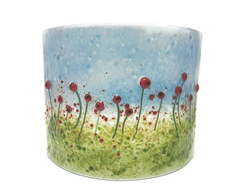 Fused Glass Poppy Meadow Curved Art Glass Candle Shade, Mantle Ornament, Window Decor, Great Nature Lovers Gift