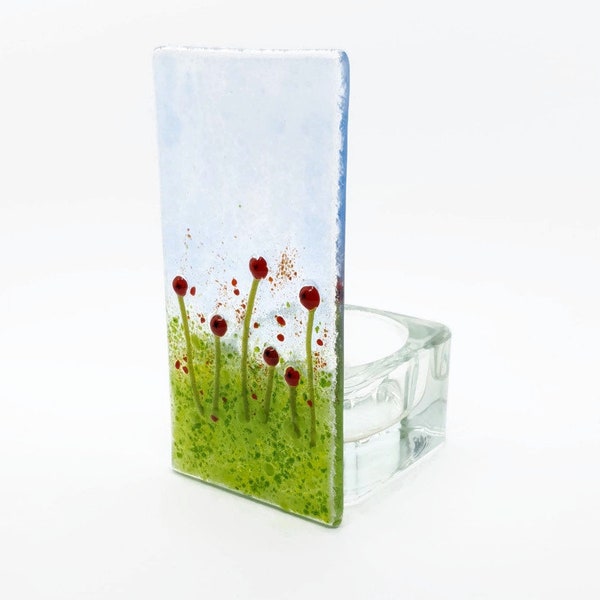 Fused Glass Tea Light Holder Poppy Meadow