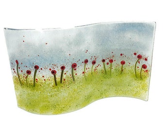 Fused Glass Poppy Meadow Wave, Mantle Decor, Ornament, Art Glass
