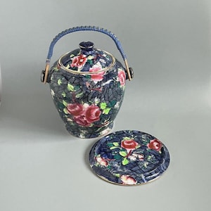 Vintage 1940s Biscuit Barrel and Stand blue and pink rose Storage Jar Pot