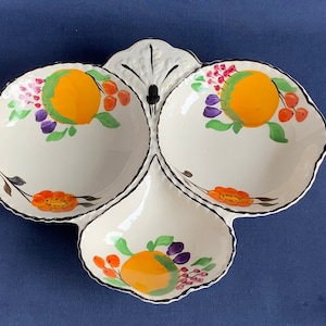 Art Deco Hand Painted 3 Section Jam Preserve and Butter pat dish - 1930s Hancocks Ivory Ware pattern No 7106 Fruit - dips nibbles serving