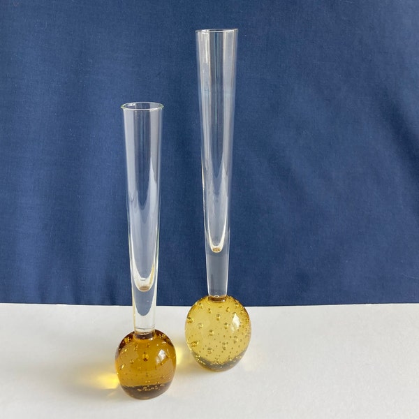 Set of 2 Mid Century Bubble Glass Bud Stem Vases Vintage Retro yellow / amber 21-25cm (8-10 inch)