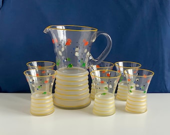 Vintage Glass Pitcher Jug and 6 glasses hand painted and frosted - Lemonade Cocktail Water Barware Mid Century Art Deco Drinking Set