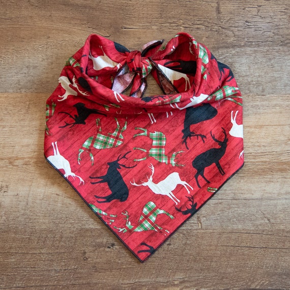 Red Green Deer Bandana, Christmas Bandana, Tie On Dog Bandana