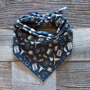 Wanted Wild West Motif on Dark Blue Dog Bandana, Tie On Dog Bandana