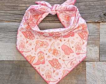 Pink Cowgirl Boot & Hats Dog Bandana, Tie On Dog Bandana