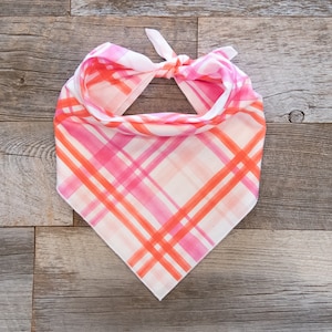 Pink Red Watercolor Plaid Dog Bandana, Valentine&#39;s Day Tie On Dog Bandana