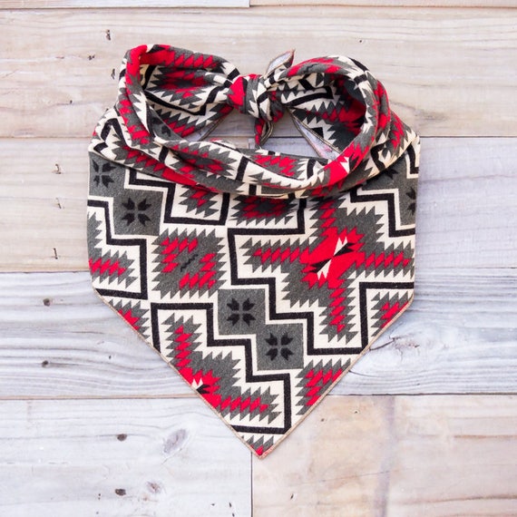 Red Gray Navajo Dog Bandana, Flannel, Southwestern, Boho, Tie On Dog Bandana