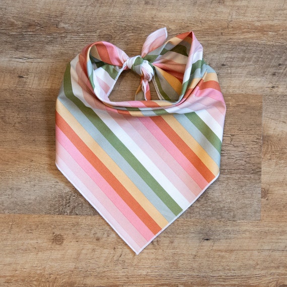 Green & Pink Muted Striped Dog Bandana, Tie On Dog Bandana