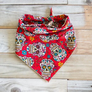 Skull Dog Bandana, Red Folklorico Skulls, Red Skull Tie On Dog Bandana