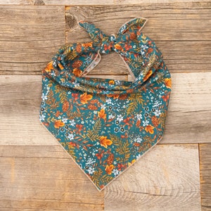 Fall Flowers on Teal Dog Bandana, Tie On Dog Bandana