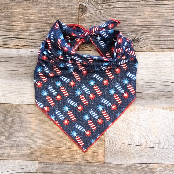 4th of July Dog Bandana, Firecracker Dog Bandana, Red White Blue Glitter, Tie On Dog Bandana