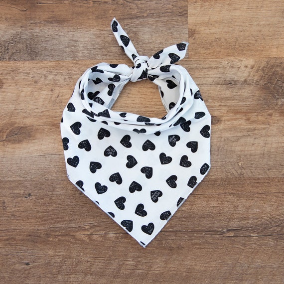 Black Hearts on White Dog Bandana, Tie On Dog Bandana