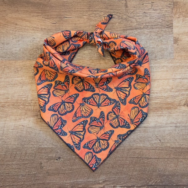 Orange Monarch Butterfly Dog Bandana, Tie On Dog Bandana