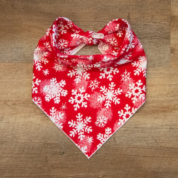 Christmas Snowflakes on Red Flannel Dog Bandana, Tie On Dog Bandana