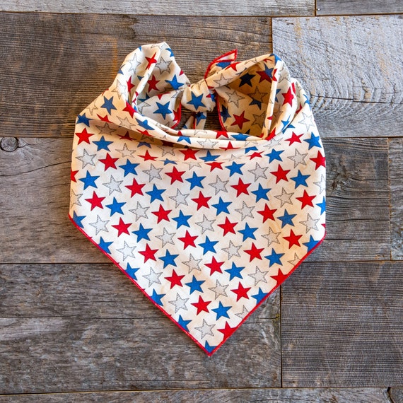 Red White & Blue Stars on Cream Dog Bandana, 4th of July, Tie On Dog Bandana