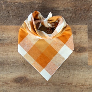 Fall Plaid Dog Bandana, Gold Orange & Ivory Buffalo Check, Flannel, Tie On Dog Bandana