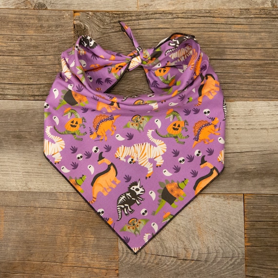 Purple Halloween Dinos Dog Bandana, Tie On Dog Bandana