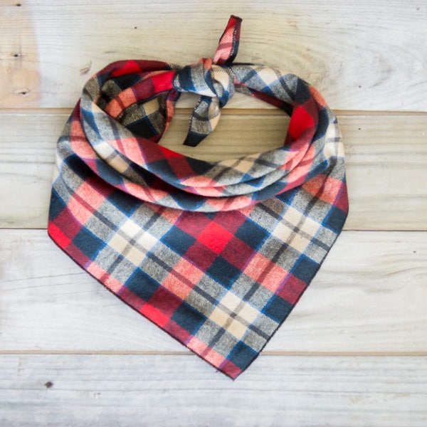 Red Blue Plaid Bandana, Plaid Dog Bandana, Flannel Dog Bandana, Tie On Bandana