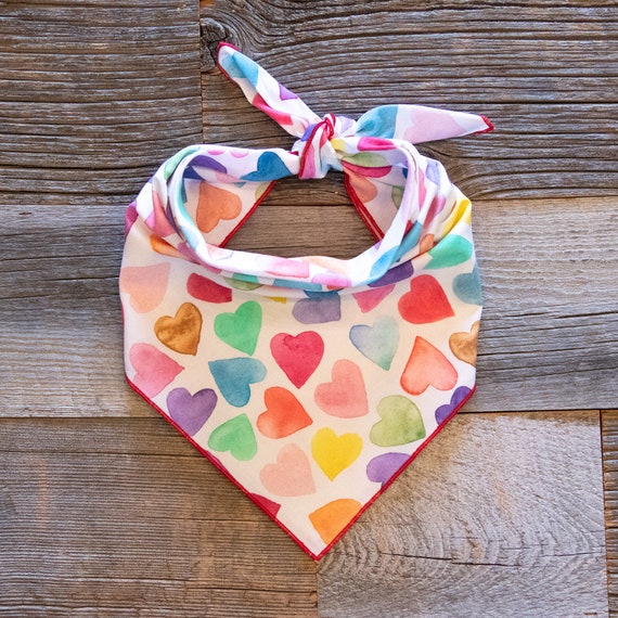 Watercolor Rainbow Hearts Dog Bandana, Tie On Dog Bandana