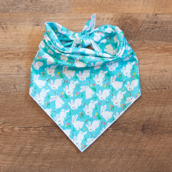 Spring Bunnies & Bees on Blue Bandana, Easter Tie On Dog Bandana, Dog Scarf