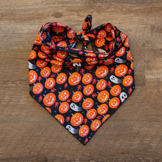 Haunted Pumpkins & Ghosts on Black, Halloween Dog Bandana, Tie On Dog Bandana