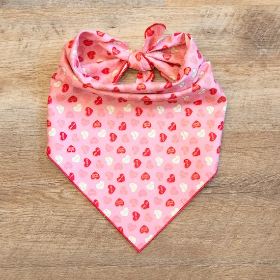 Red & White Candy Hearts on Pink, Valentine's Day, Conversation Hearts, Candy Hearts, Pink Sparkle, Tie On Dog Bandana