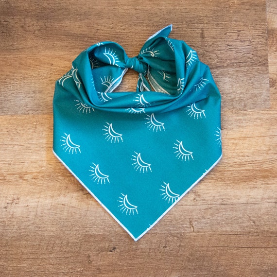 Luna Sun Moon Dog Bandana in Teal, Boho Bandana, Tie On Dog Bandana