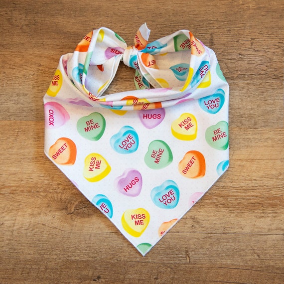 Conversational Hearts Dog Bandana, Candy Hearts, Valentine's Day Bandana, Tie On Dog Bandana