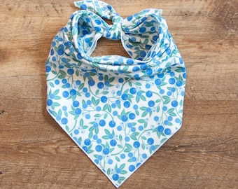 May include: A blue and white dog bandana with a blueberry pattern. The bandana is tied in a knot at the top. The fabric features a repeating design of blue blueberries and green leaves on a white background.