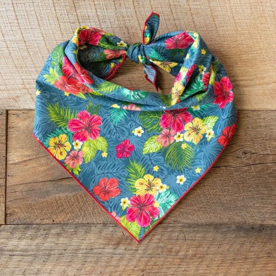 Hibiscus on Blue Dog Bandana, Hawaii, Tie On Dog Bandana