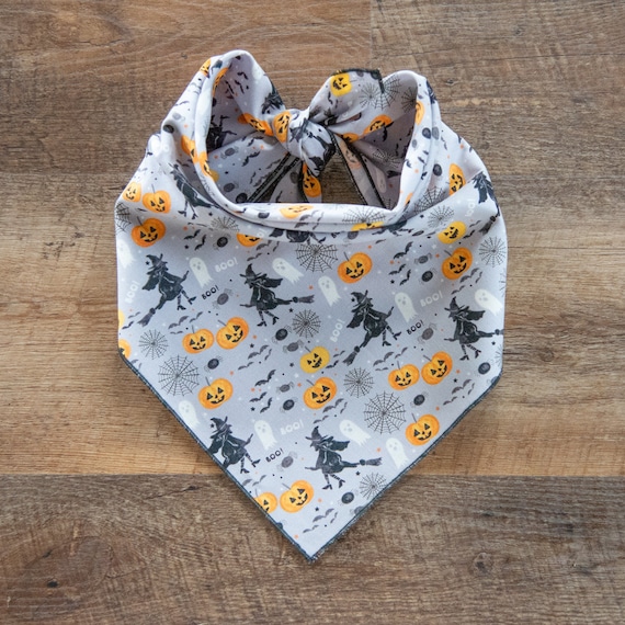 Boo! & Witches on Gray, Halloween Dog Bandana, Tie On Dog Bandana