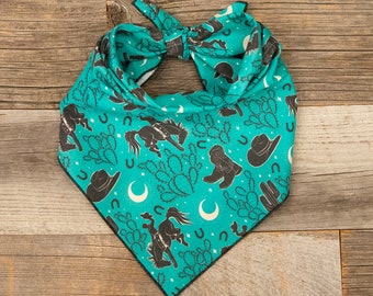 Cowboy Dog Bandana, Cowboys & Cactus On Turquoise, Bucking Broncos, Tie On Dog Bandana