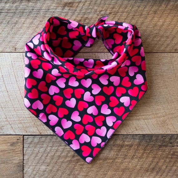 Valentine's Day Dog Bandana, Larger Tossed Ombre Hearts on Black, Pink and Red Hearts, Tie On Dog Bandana