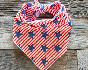 Blue Watercolor Stars on Red Stripes Dog Bandana, 4th of July Dog Bandana, Tie On Dog Bandana