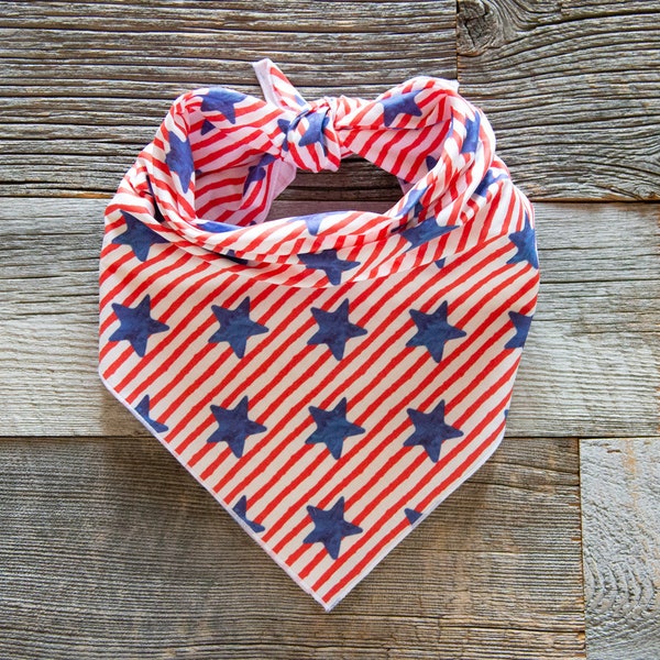 Blue Watercolor Stars on Red Stripes Dog Bandana, 4th of July Dog Bandana, Tie On Dog Bandana