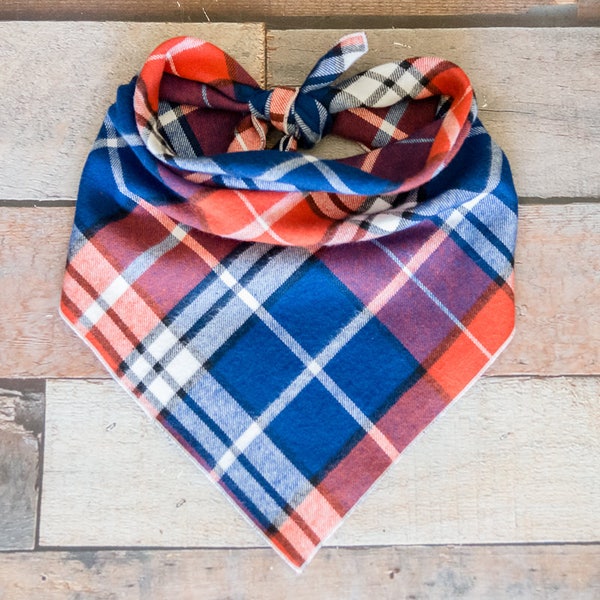 Blue/ Rusty/Reddish/Orange Plaid Dog Bandana, Plaid Flannel Bandana, Tie On Bandana