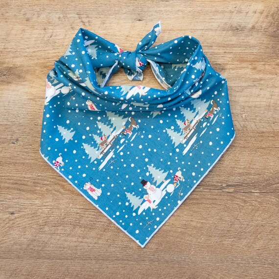 Winter Pups On Blue Dog Bandana, Christmas Bandana, Tie On Dog Bandana