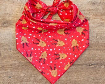 Reindeer on Red Dog Bandana, Christmas Bandana, Tie On Dog Bandana