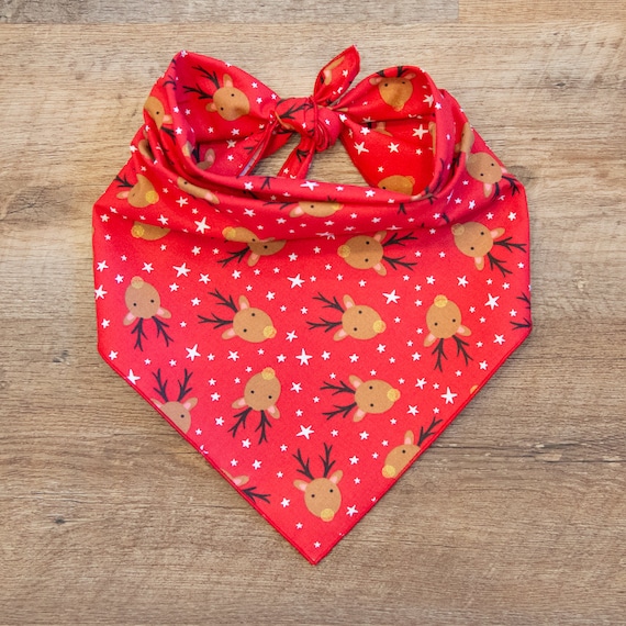 Reindeer on Red Dog Bandana, Christmas Bandana, Tie On Dog Bandana