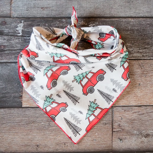 Christmas Tree & Red Car Bandana, Holiday Tree Bandana, Tie On Dog Bandana